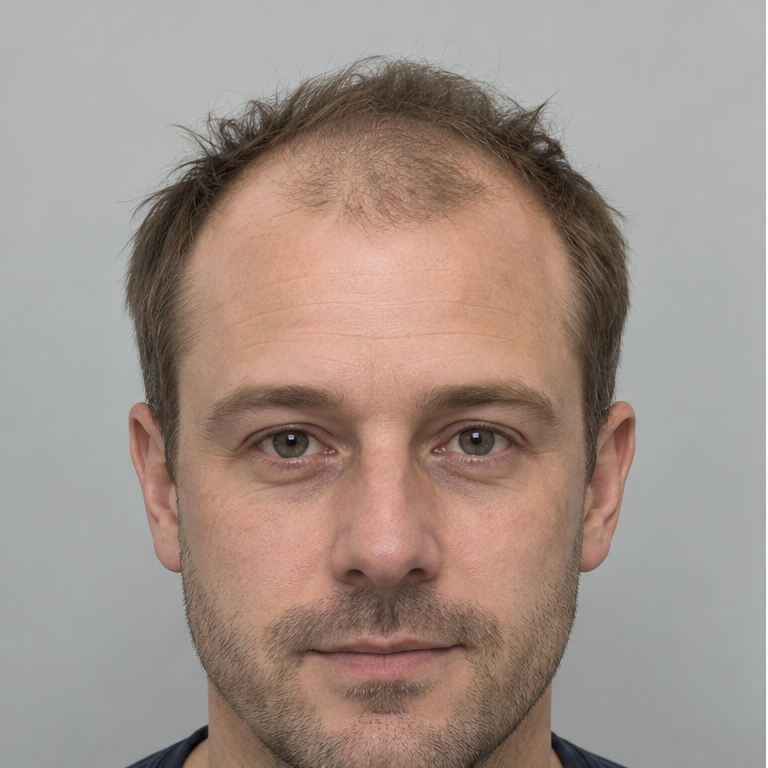 AI-generated comparison before hair restoration treatment, frontal view